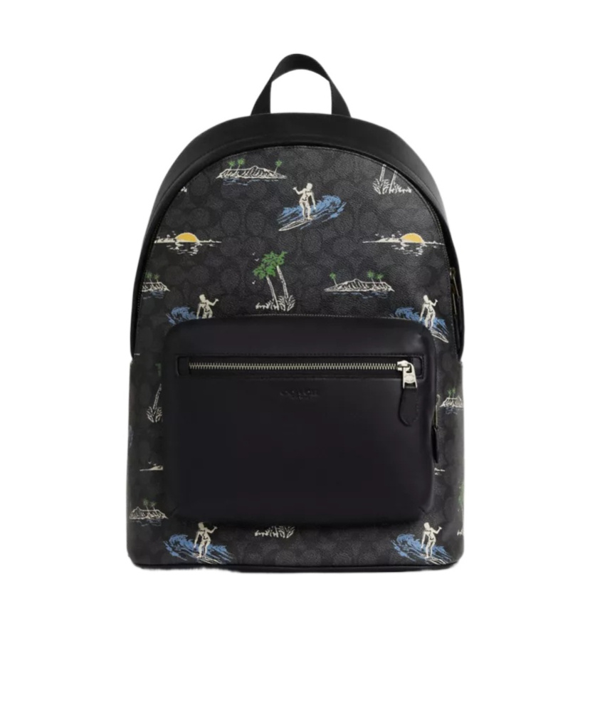 Coach West Backpack In Signature Canvas With Surf Print In Black