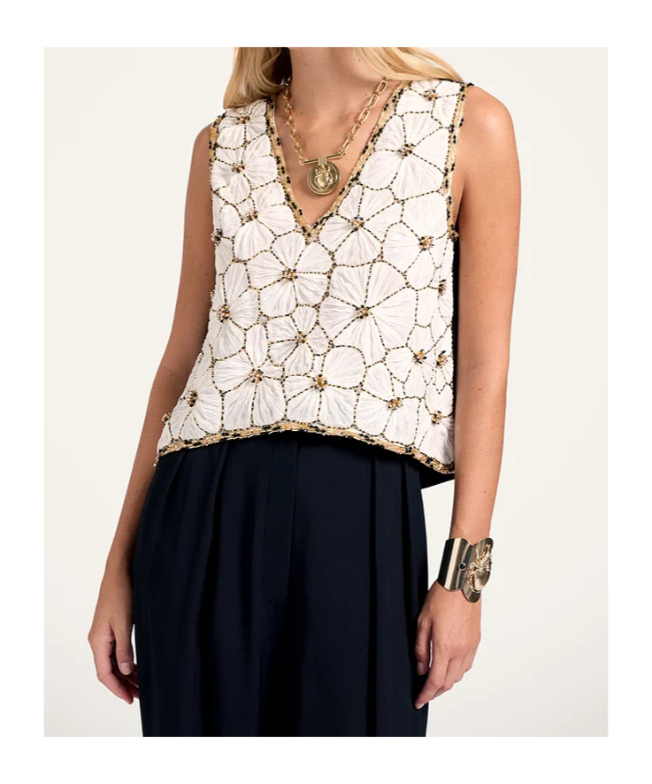 La Doublej Embroidered V Neck Scala Top Crystal Chiffon Embroidery In Multi