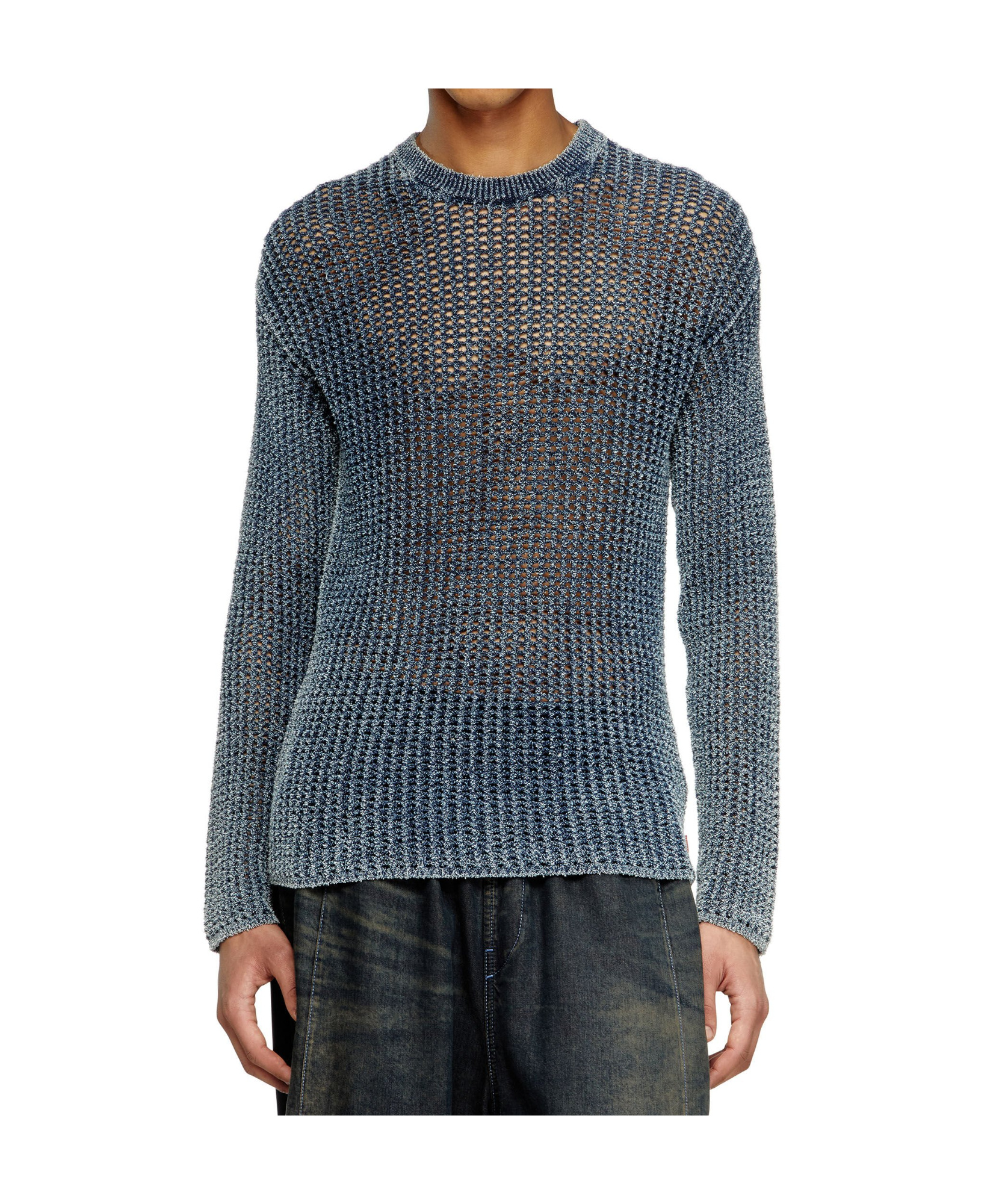 Diesel Textured Knit Crewneck Sweater With Ribbed Finish In Blue