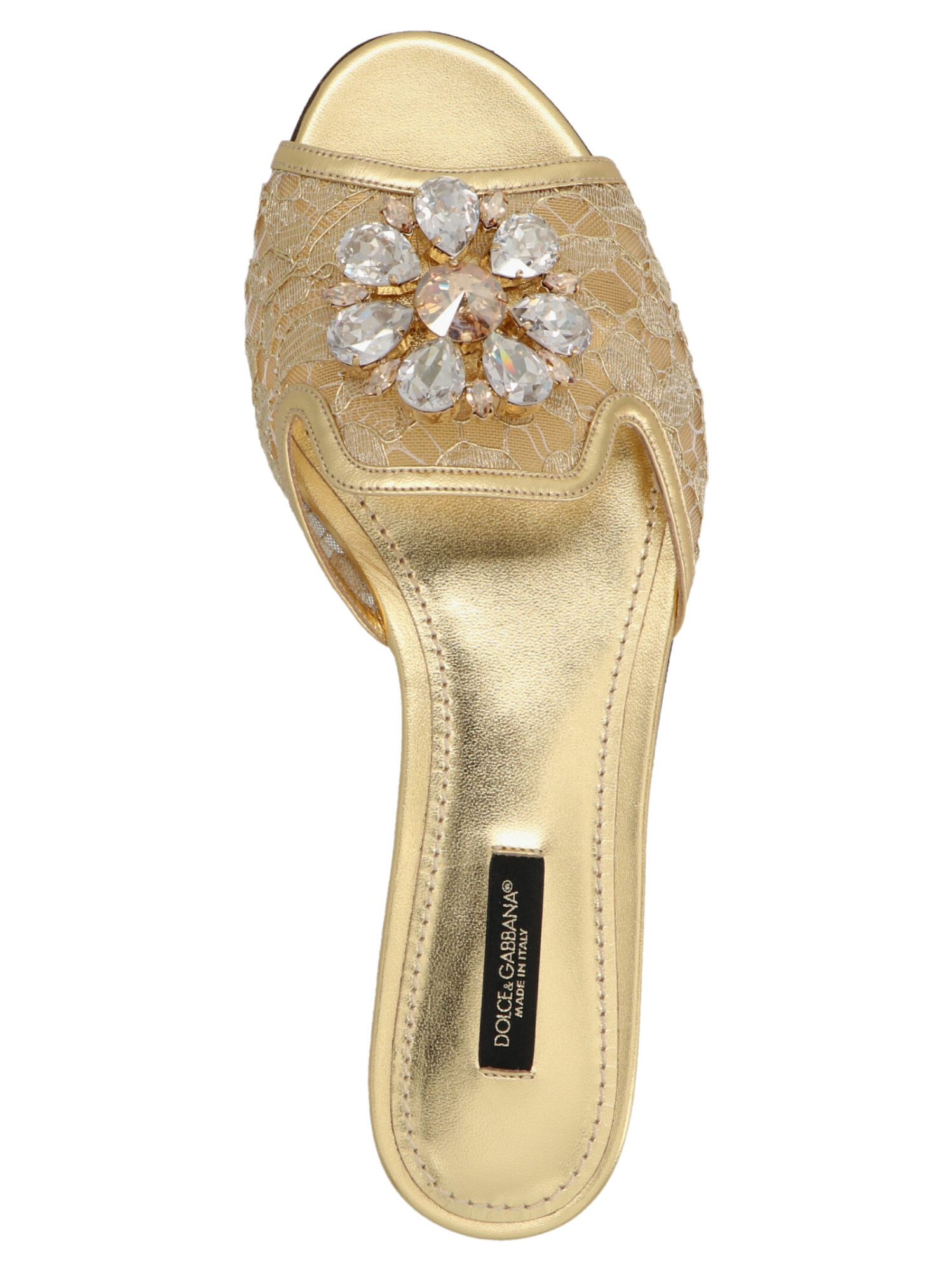 Dolce & Gabbana Rainbow Slides In Gold Lurex Lace With Brooch In Nude
