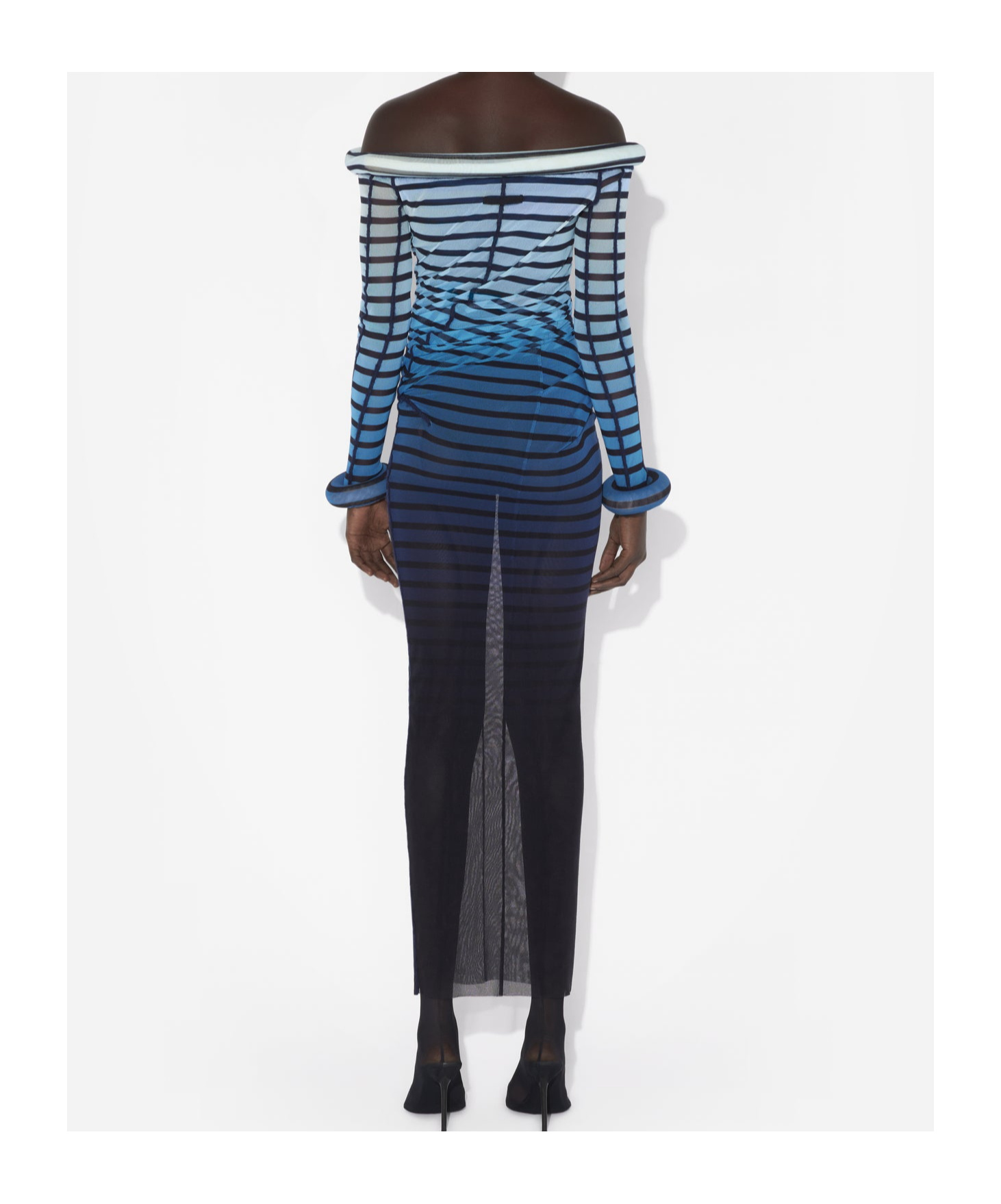 Jean Paul Gaultier Elegant Mesh Boat Neck Long Dress With 3d Collar And Cuff In Black