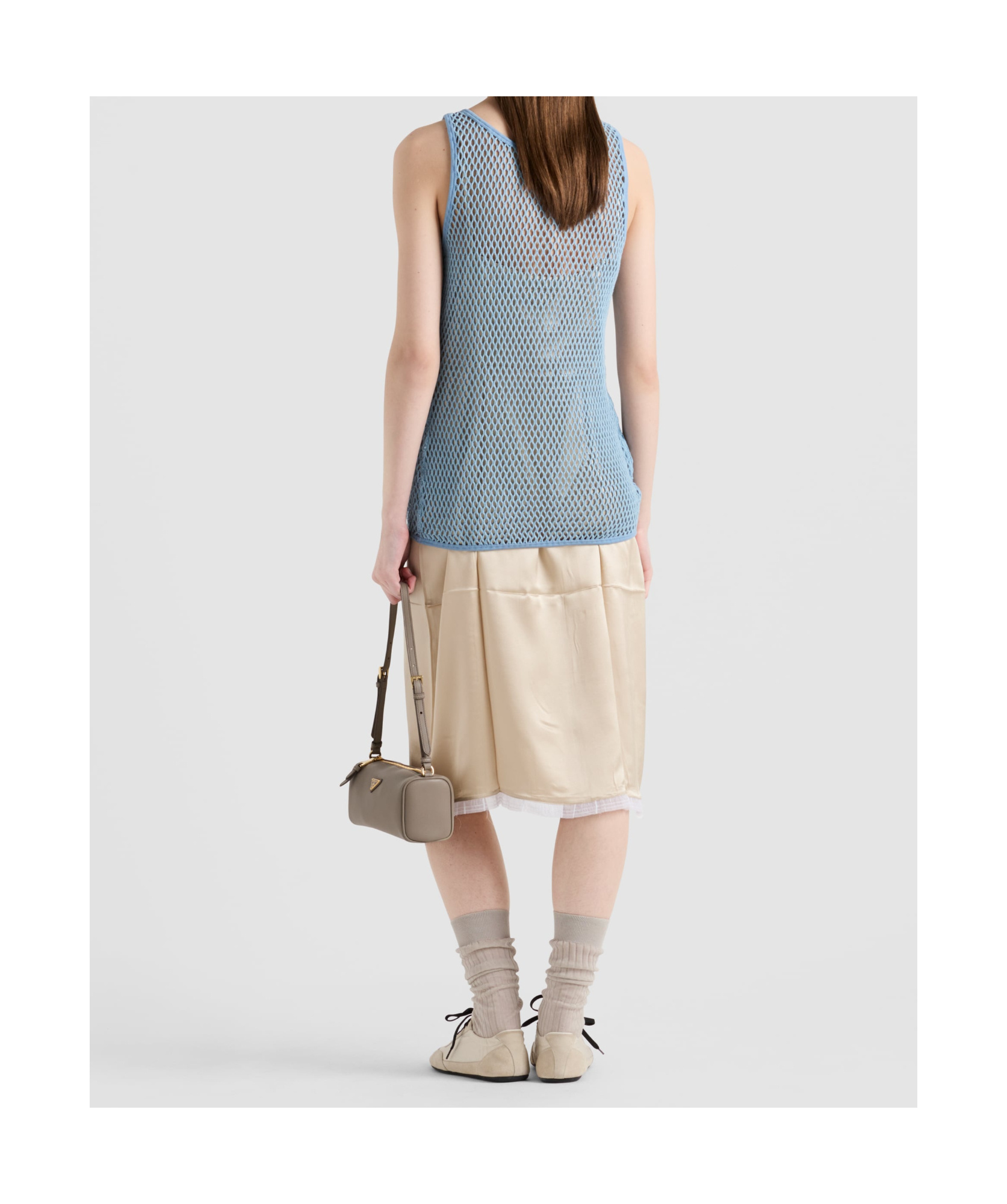 Prada Womens Light Blue Sleeveless Triangle-plaque Cotton Mesh Top In Interstellar Blue