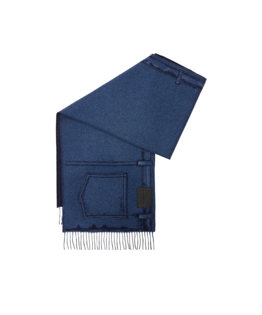 Loewe Womens Jeans Blue Denim-patchwork Anagram-embroidered Wool And Cashmere-blend Scarf In Blue