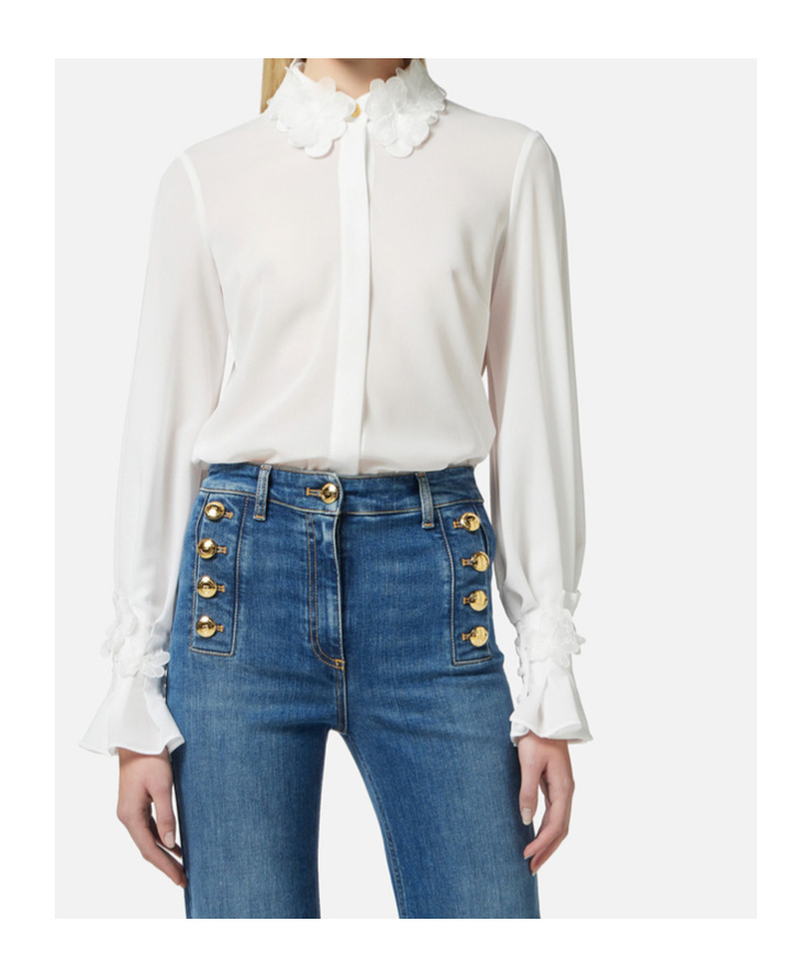 Elisabetta Franchi Shirt In Georgette Fabric With Floral Embroideries In Ivory