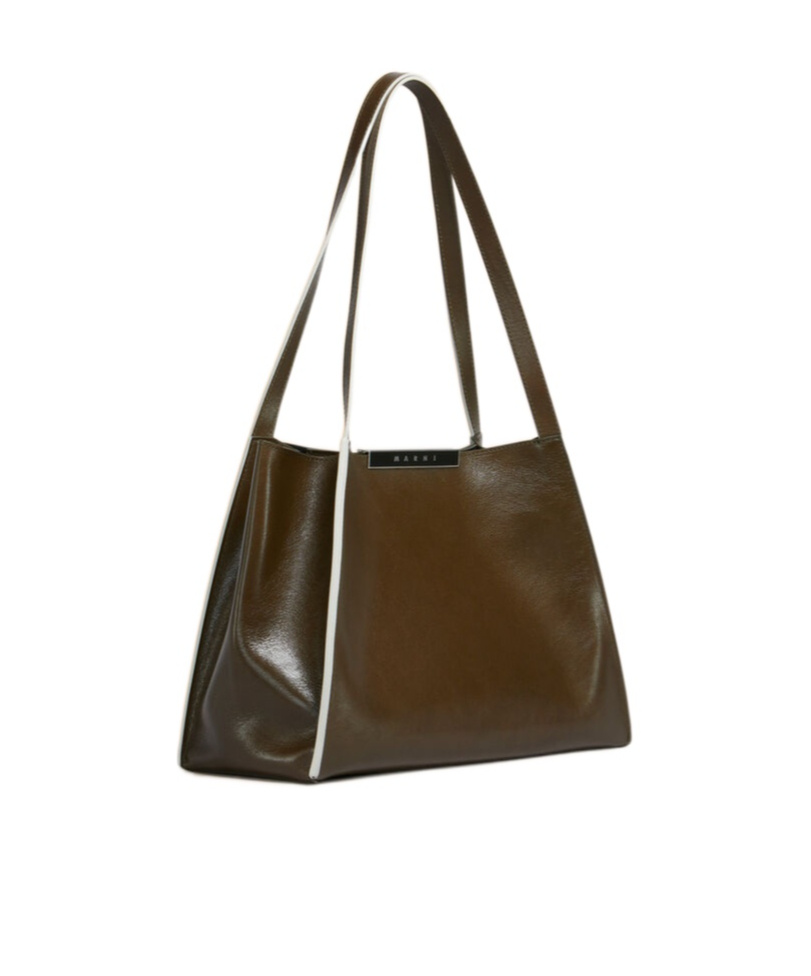 Marni Deep Green Leather Cresta E/w Small Tote Bag In Green
