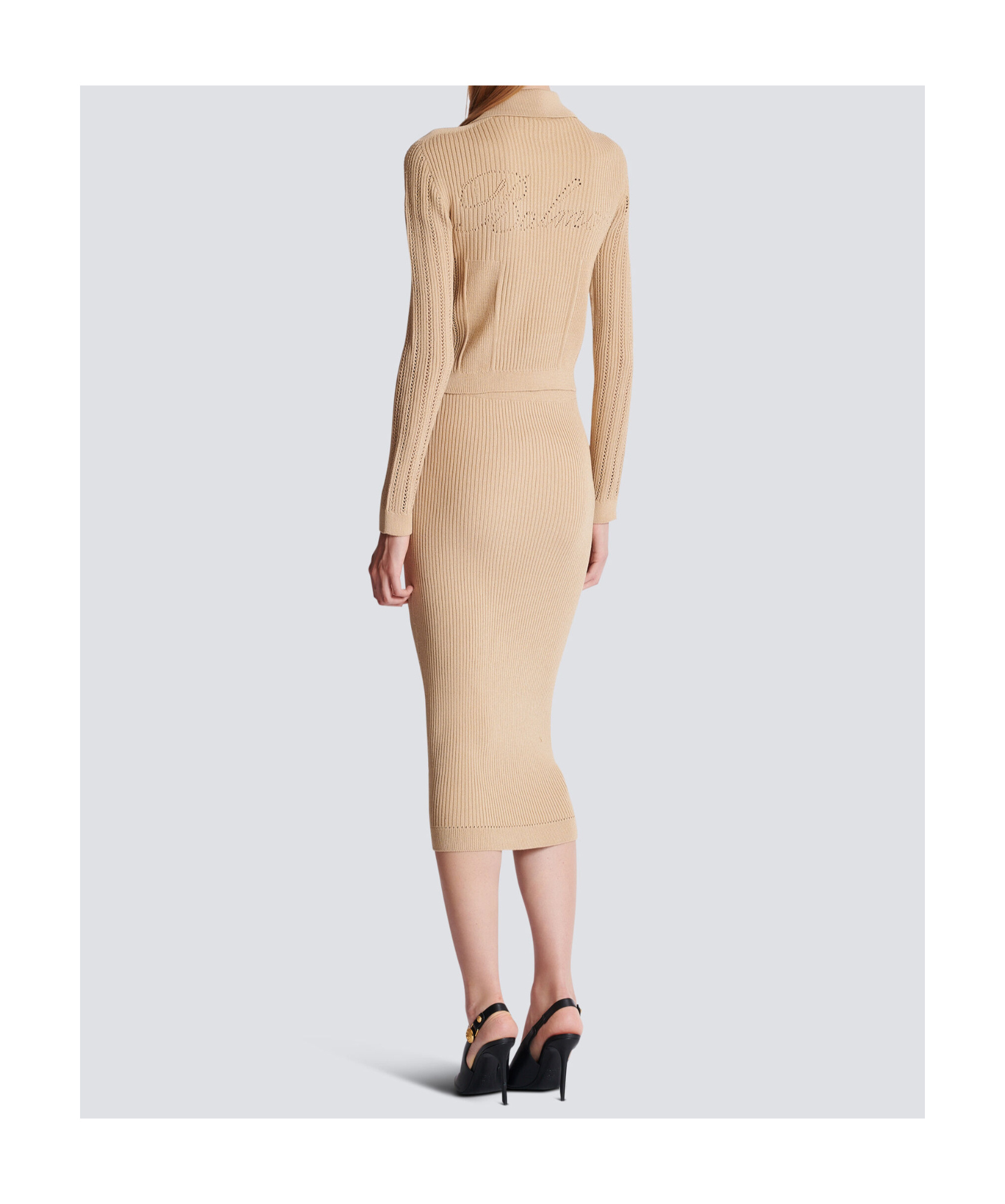 Shop Balmain Cropped Ribbed Knit Cardigan With Openwork Details In Nude