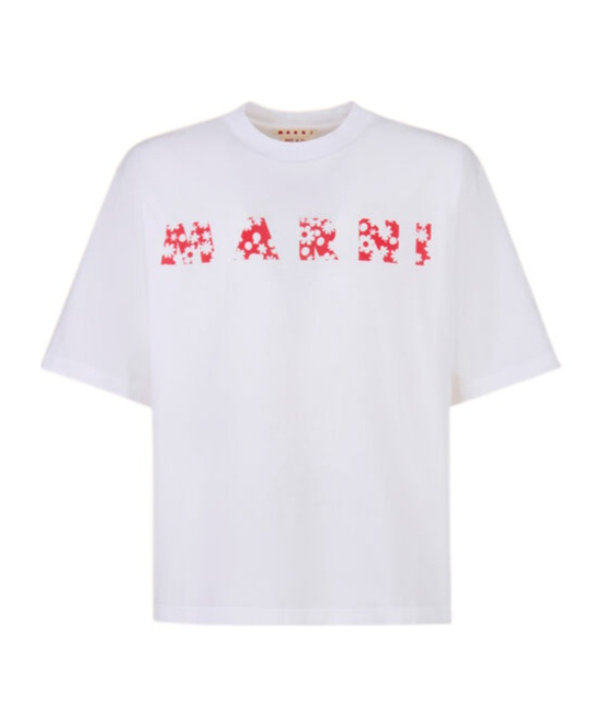 Marni T-shirt With Red Pop Fields  Logo In Lily White