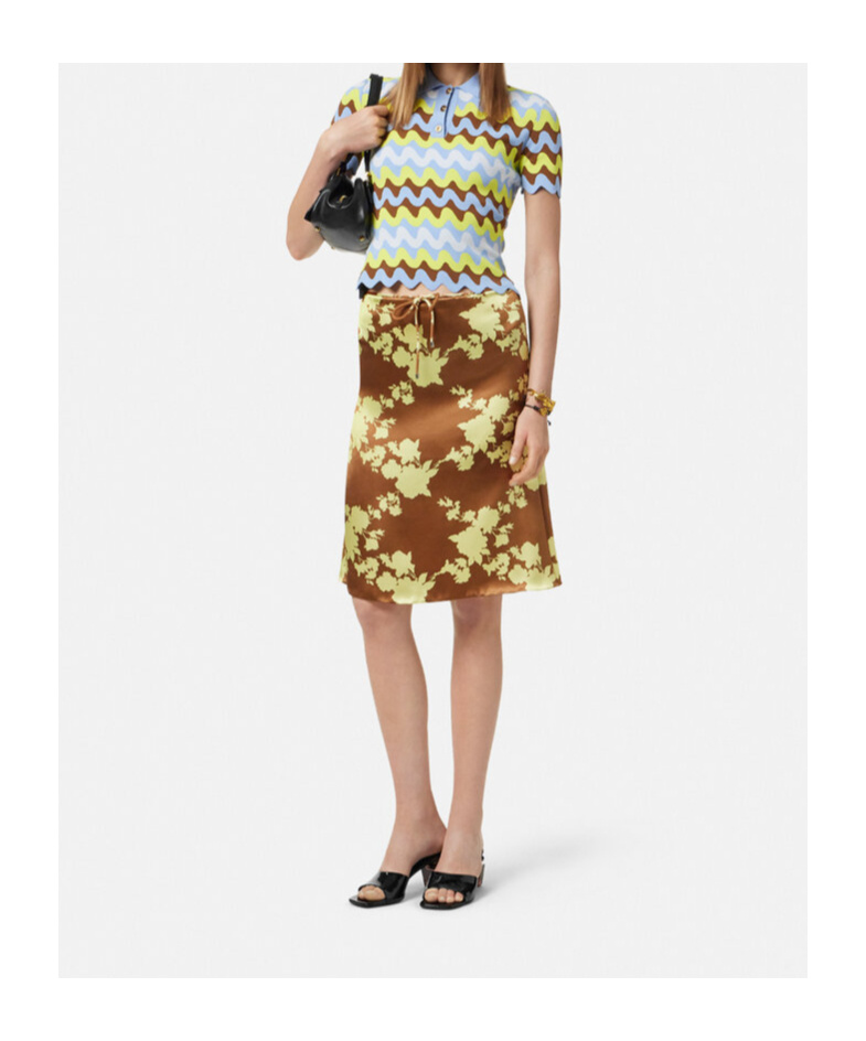 Shop Versace Wild Roses Satin Midi Skirt In Brown\yellow