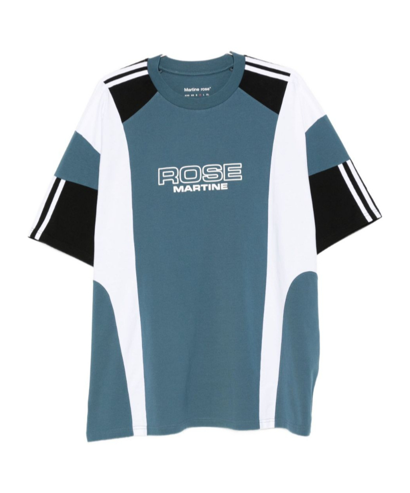 Martine Rose Panelled Short-sleeve Crew Neck T-shirt With Graphic Accents In Blue