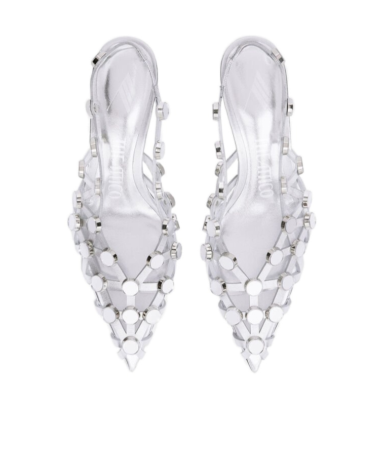 Attico Grid Studded Metallic Leather Slingback Pumps In Silver