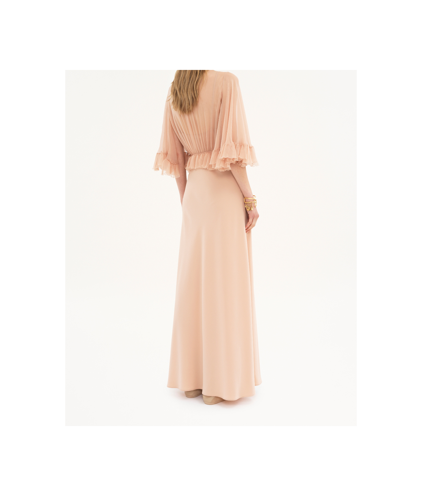 Chloé Robe Longue À Col En V En Crêpe De Satin Femme Rose Taille 40 100% Soie In Nude