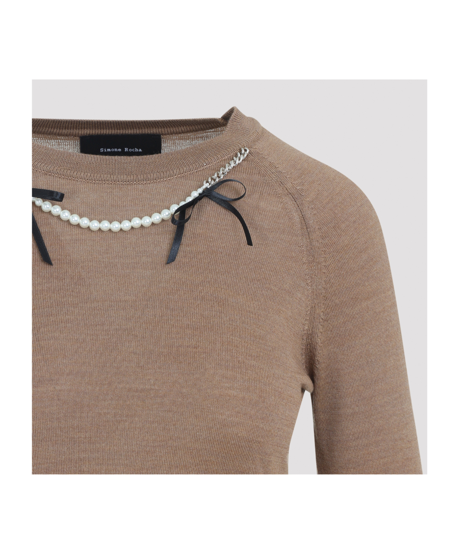 Simone Rocha Fitted Long-sleeve Sweater With Pearl Accents And Ribbon Detail In Brown