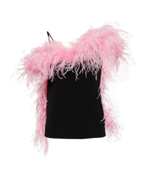 Attico Feather-trimmed Knitted Top In Black