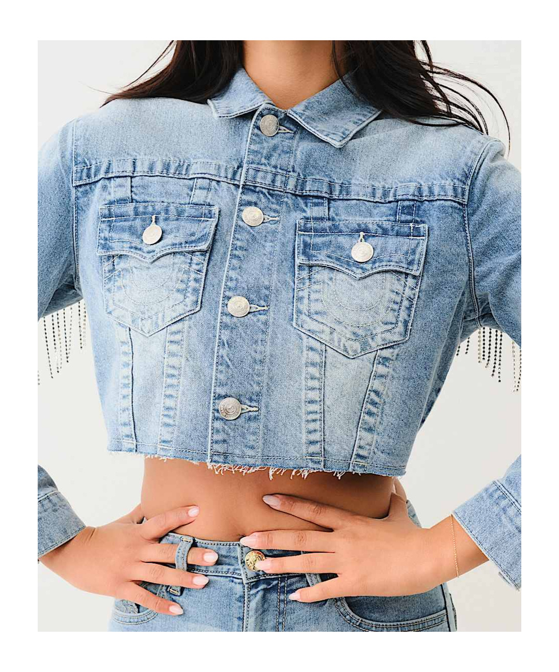 TRUE RELIGION CRYSTAL FRINGE CROP DENIM JACKET