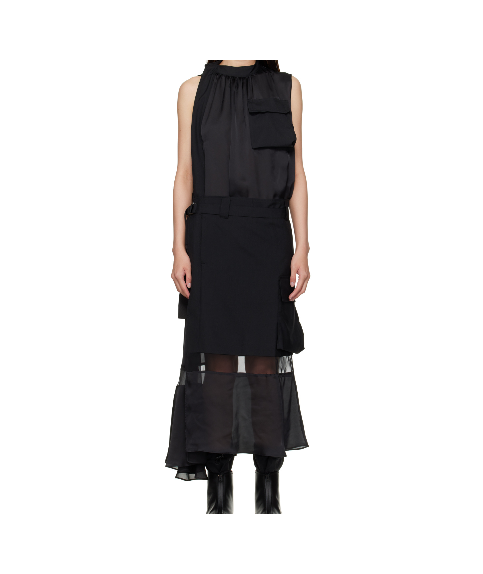 Sacai Sheer-panelled Belted Dress In Black