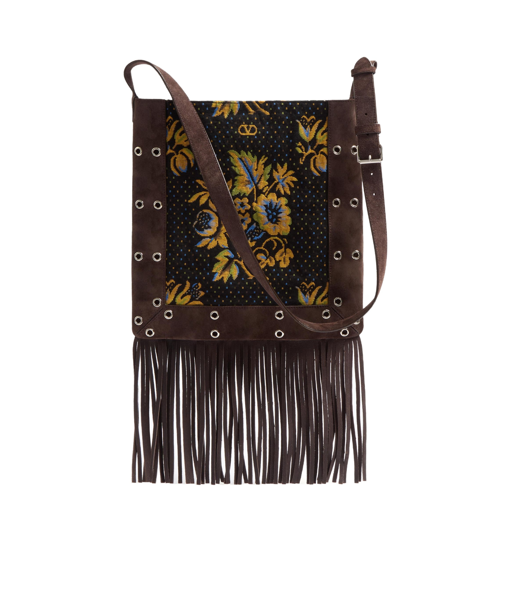 Valentino Nellcote Jacquard Fringed Crossbody Bag In Black