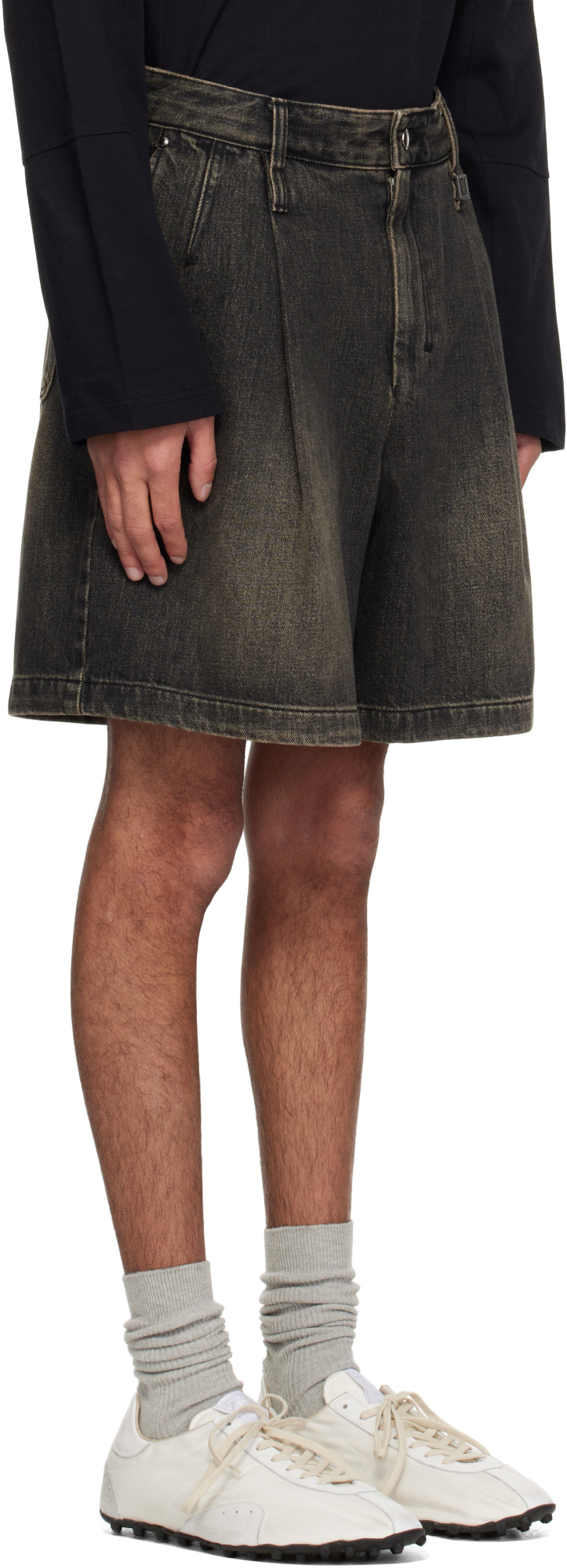 Wooyoungmi Gray One-tuck Washed Denim Shorts In Black