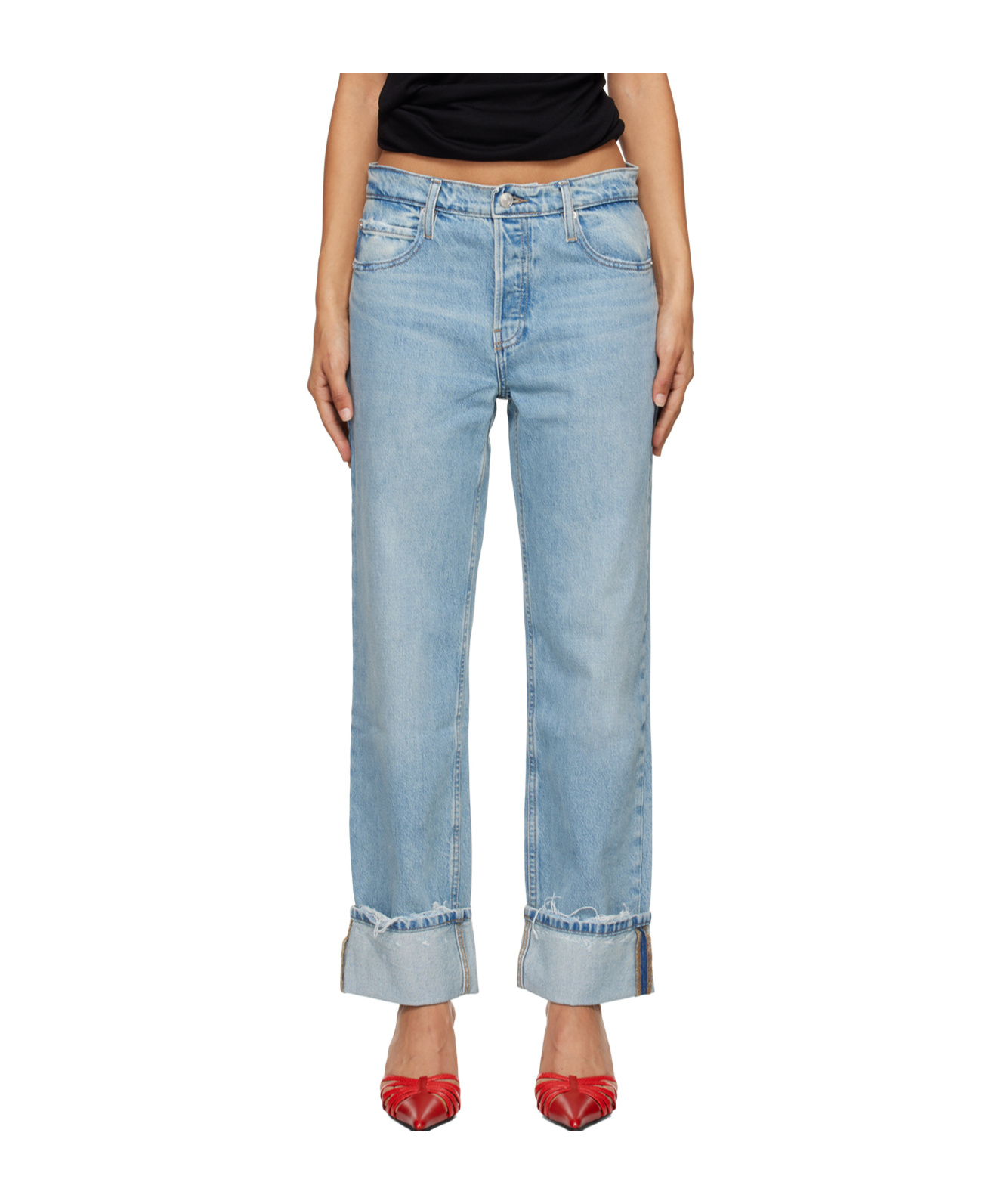 Frame Faded Cuffed Jeans Pants In Blue