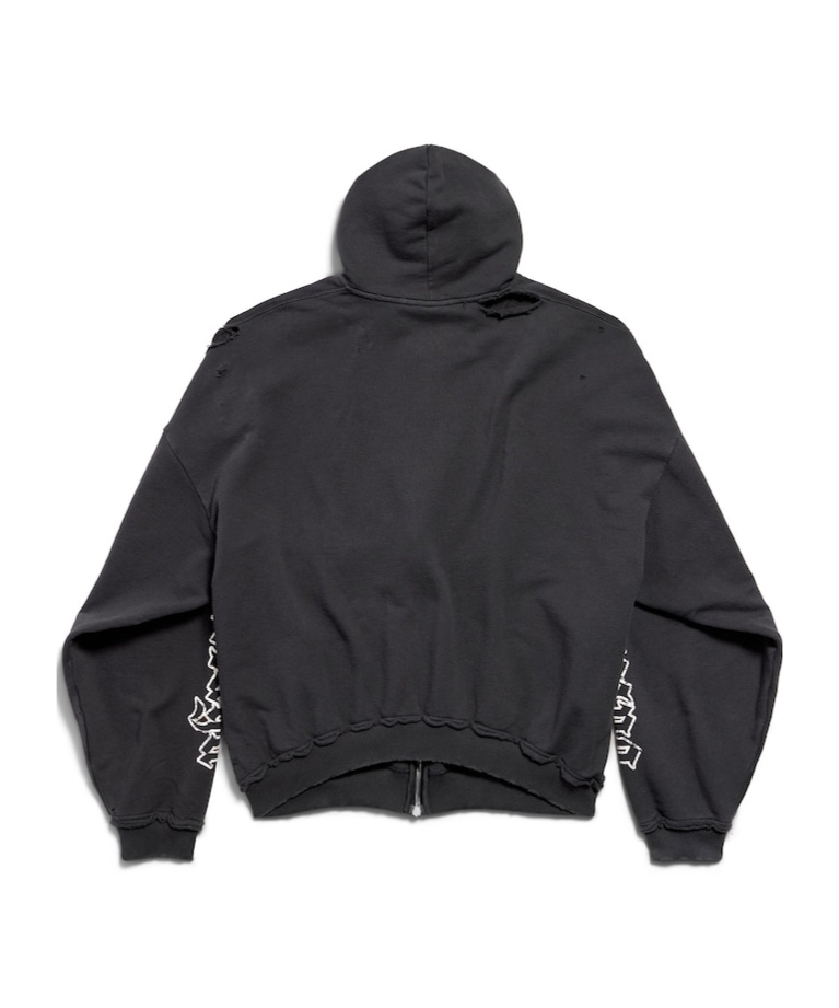 Balenciaga Blackletter Script Pulled Zip-up Hoodie Large Fit In Black Faded In Black