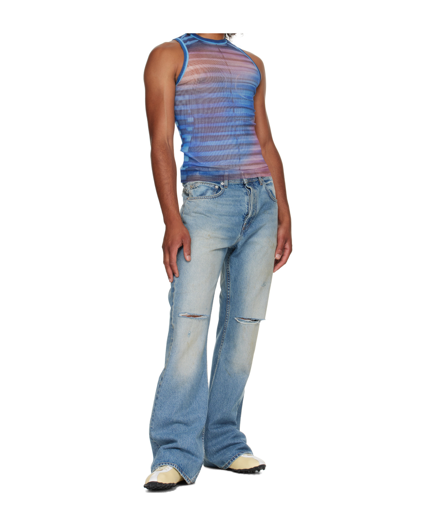 Jean Paul Gaultier Sleeveless Round Neck Striped Sheer Top In Blue