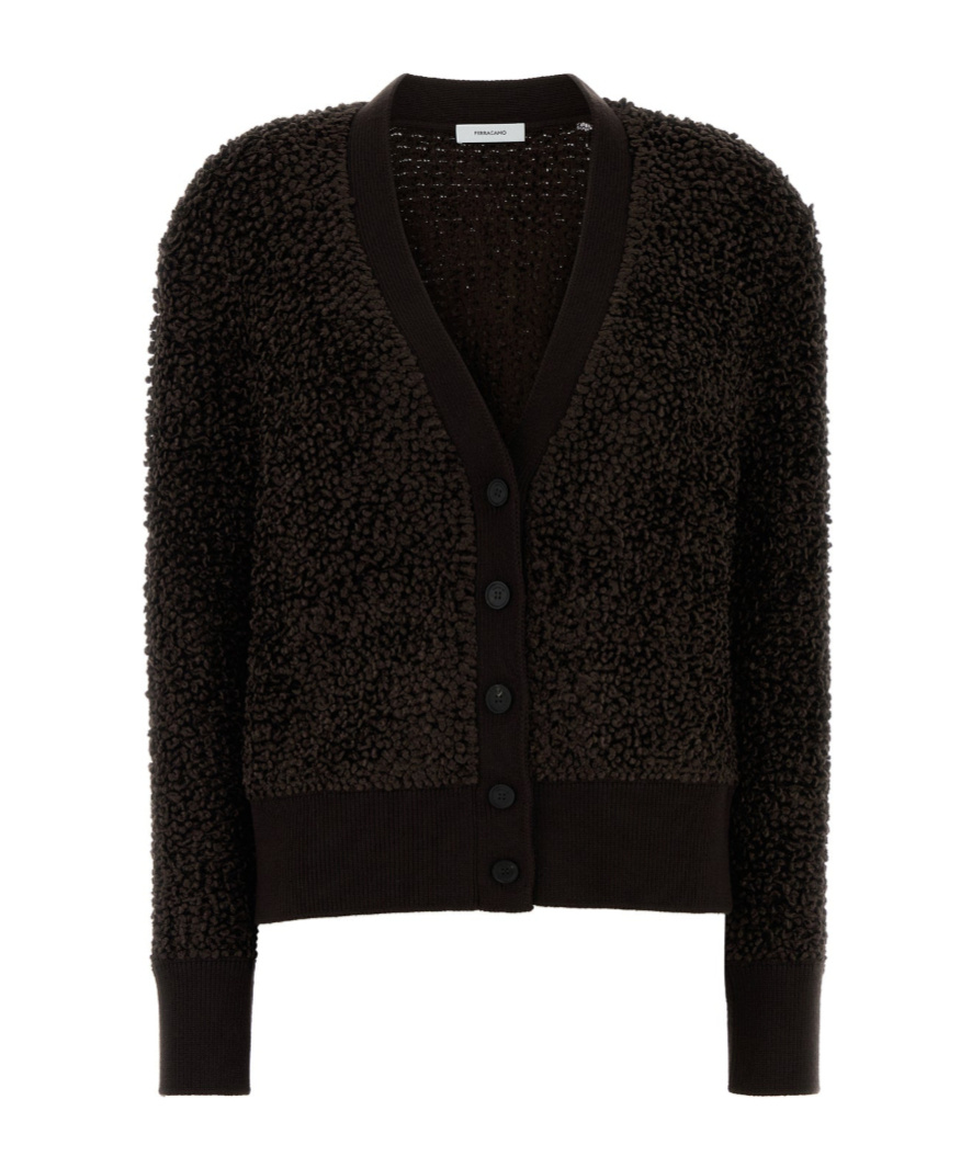 Ferragamo Textured Knit Cardigan With Ribbed Cuffs And Hem In Brown