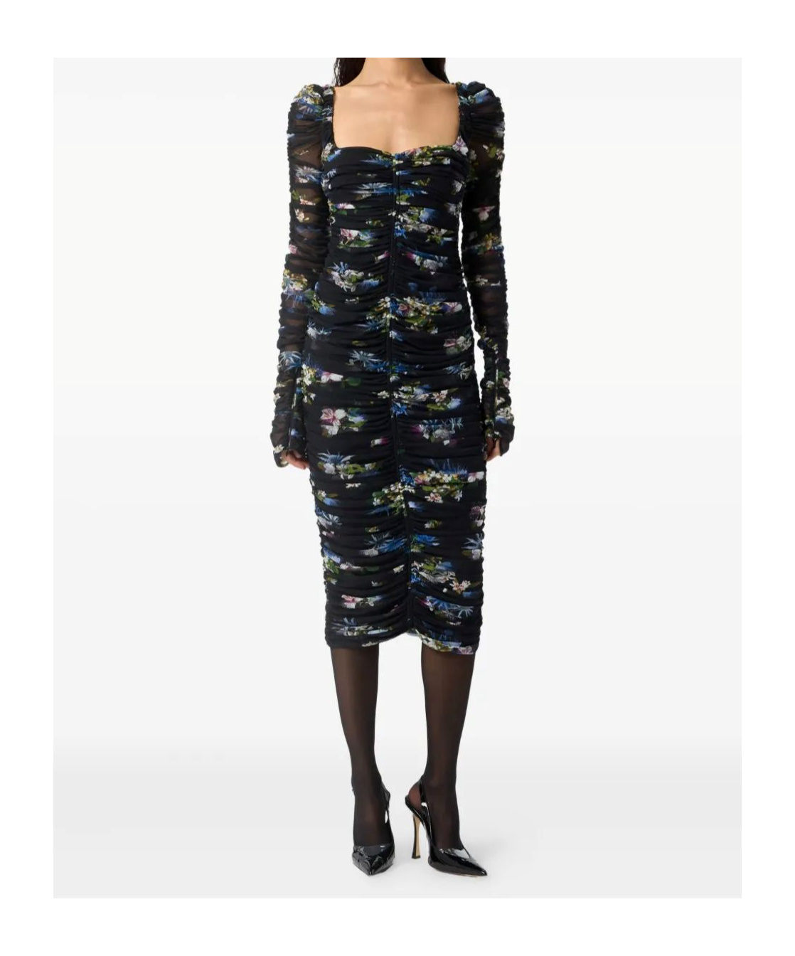 Blumarine Floral Tulle Dress With Long Sheer Sleeves In Black