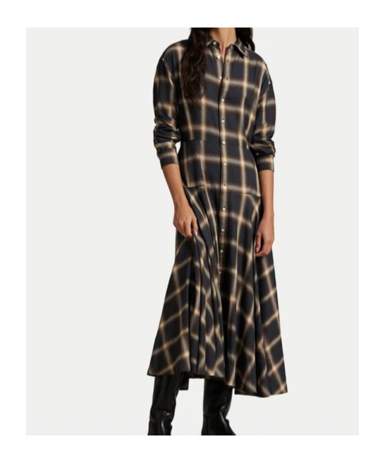 Ralph Lauren Plaid And Twill Patchwork Midi Shirt Dress In Black