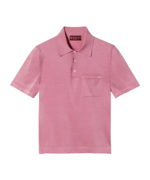 Gucci Pink Polo Shirt With Chest Pocket And Embroidered Logo On The Front In Fine Silk Knit Man In Pink