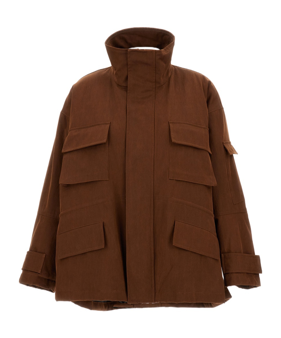 Plan C Delave Twill Military Jacket In Brown