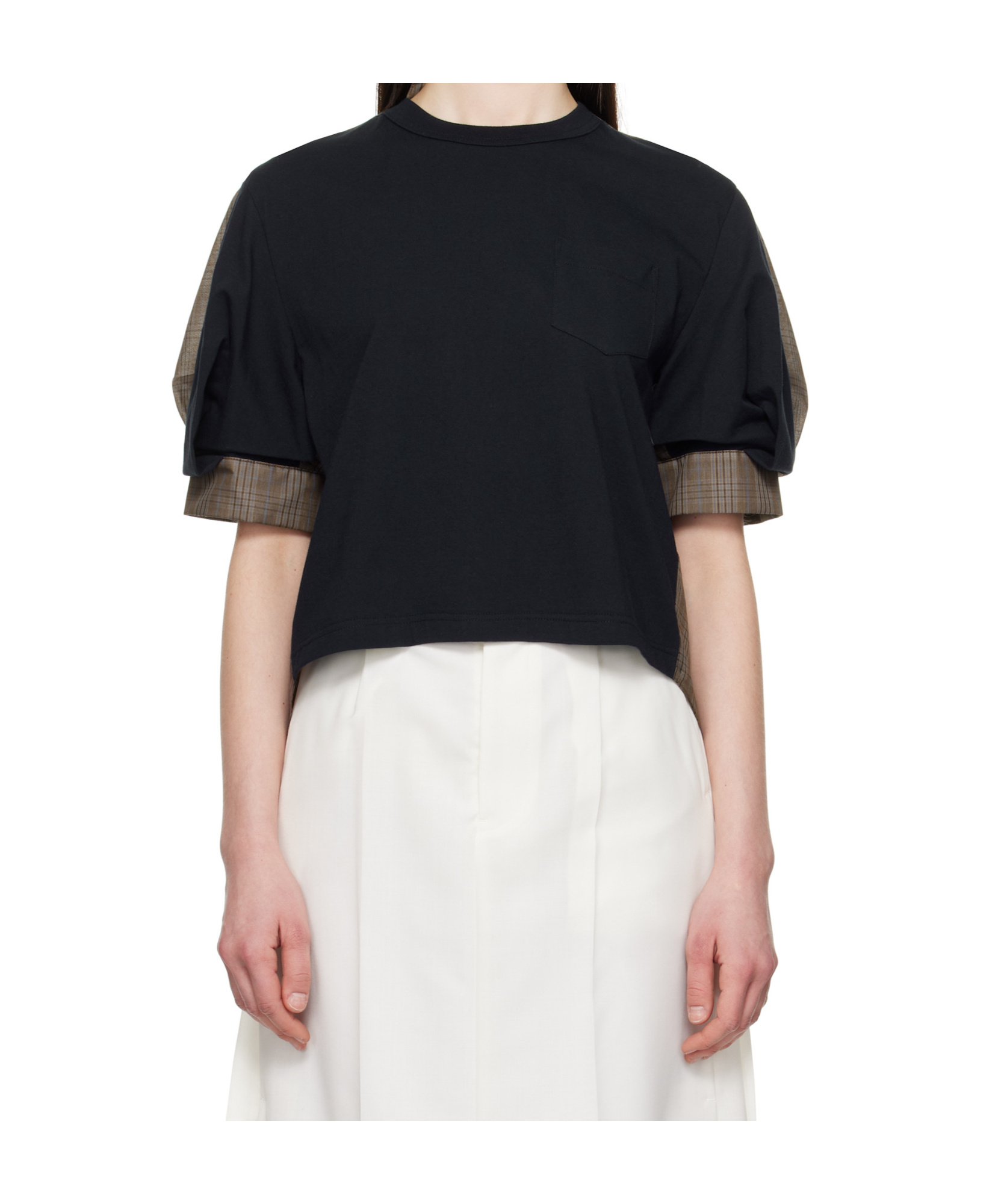 Sacai Contrasting-panel Jersey T-shirt In Navy Blue/brown Textile