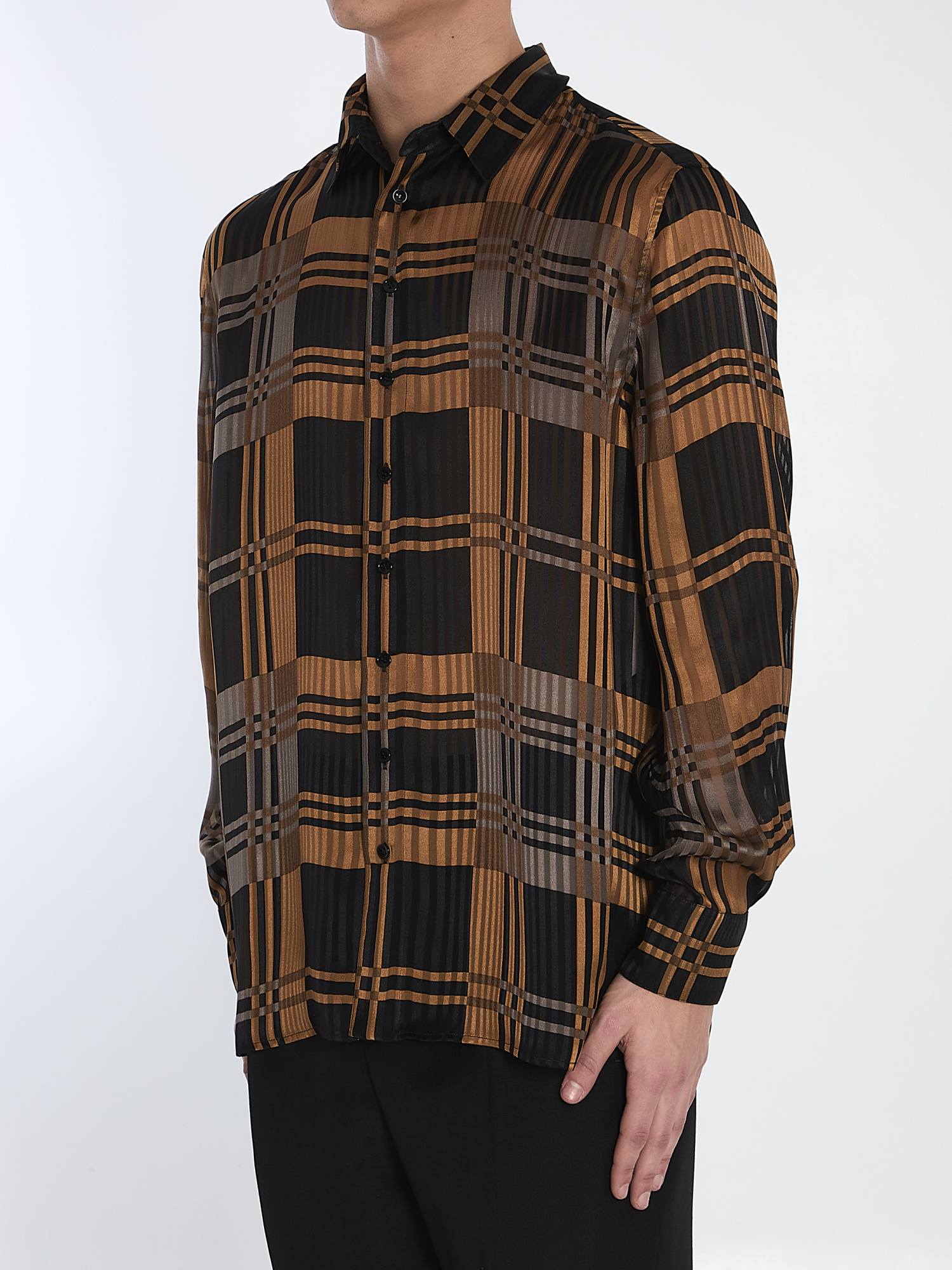 Saint Laurent Silk Shirt With Checked Pattern And Long Sleeves In Black