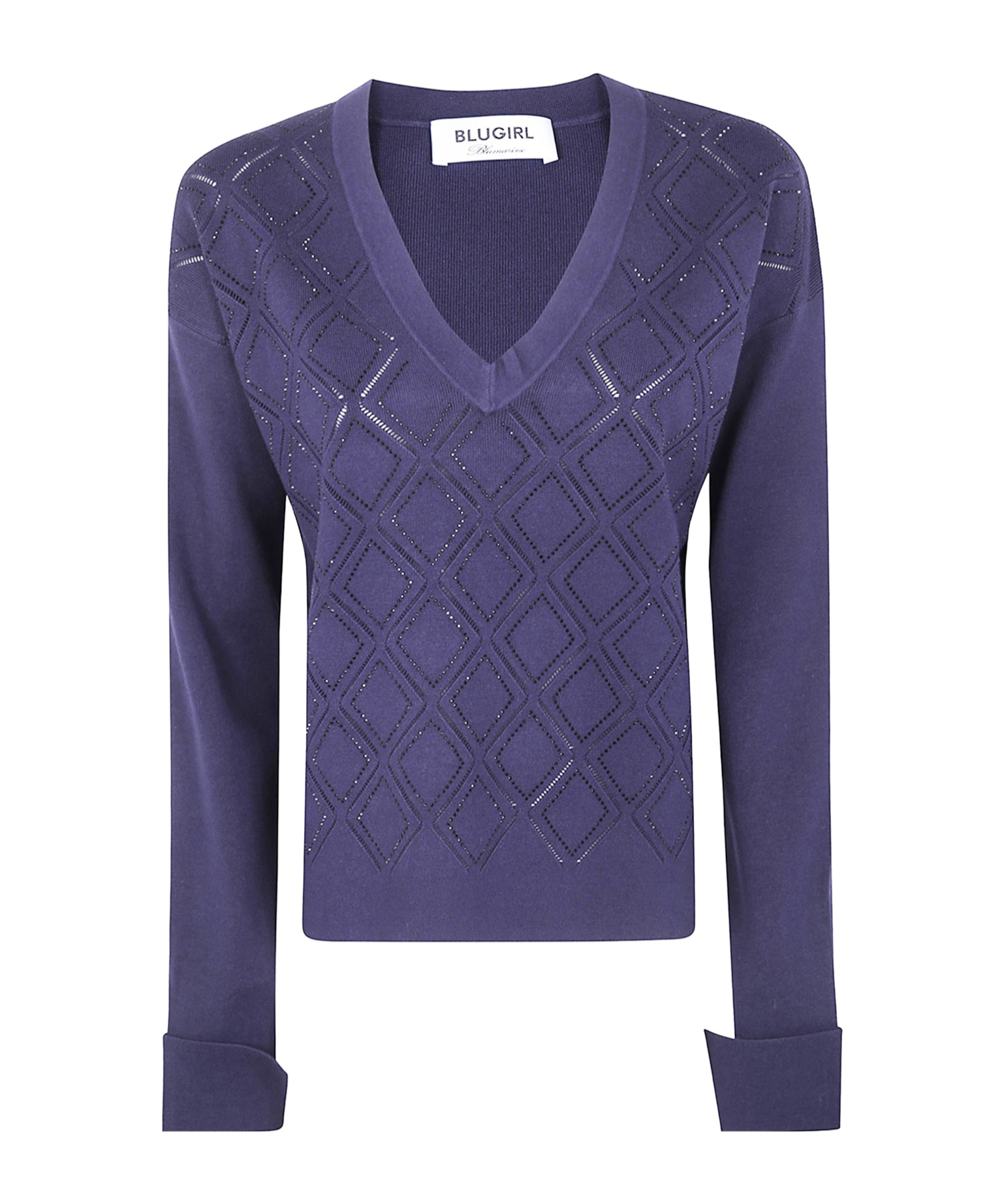 Blugirl V-neck Sweater With Rhombus Pattern And Embellished Detailing In Blue