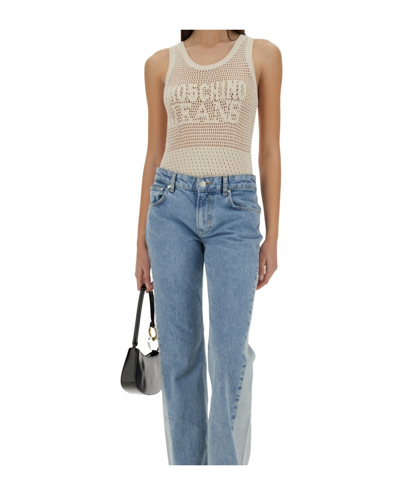 Moschino Jeans Mesh Top With Logo In Neutral