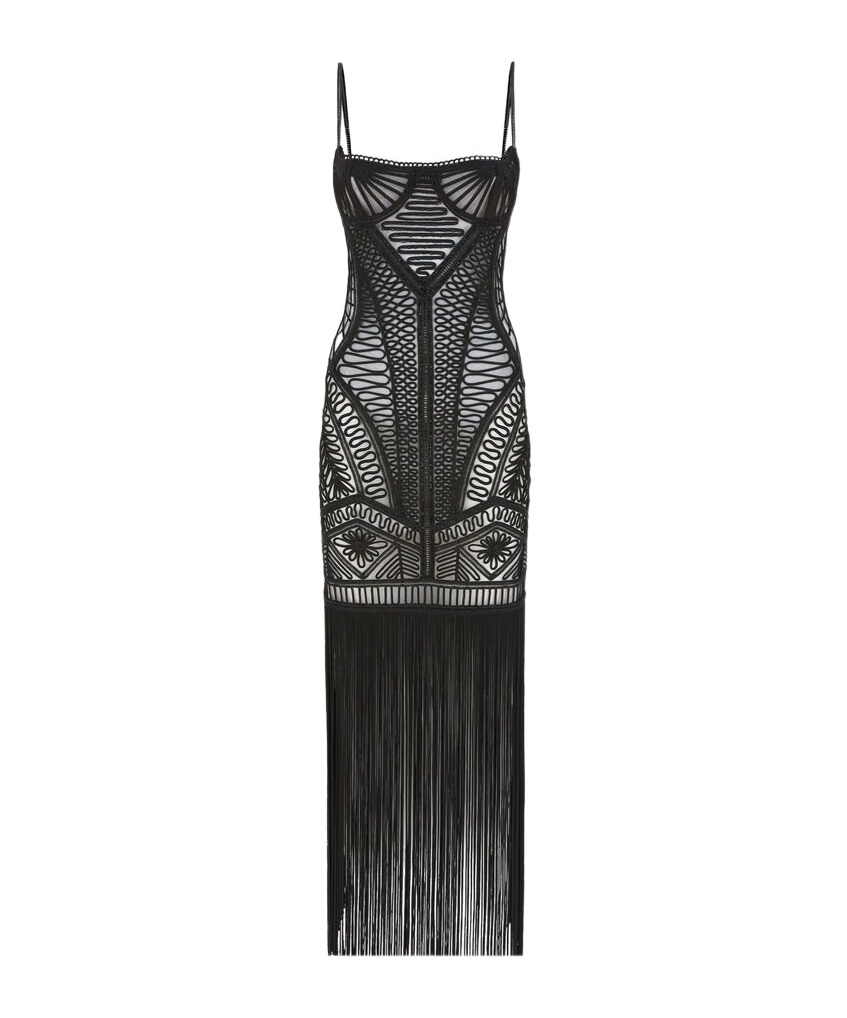 Attico Illusion Embroidered Tulle Long Dress In Black
