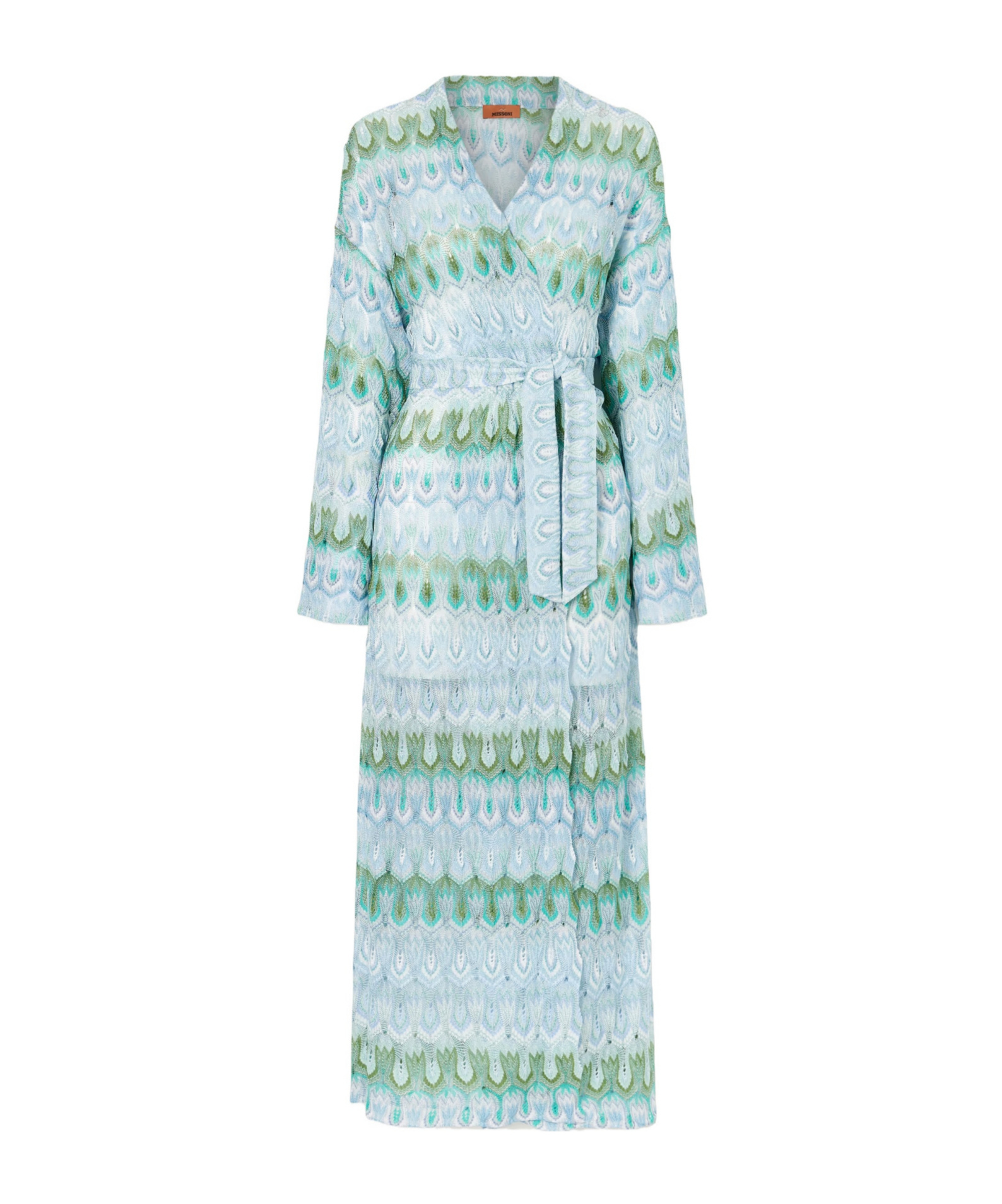 Missoni Belted Metallic Crochet-knit Kaftan In Blue