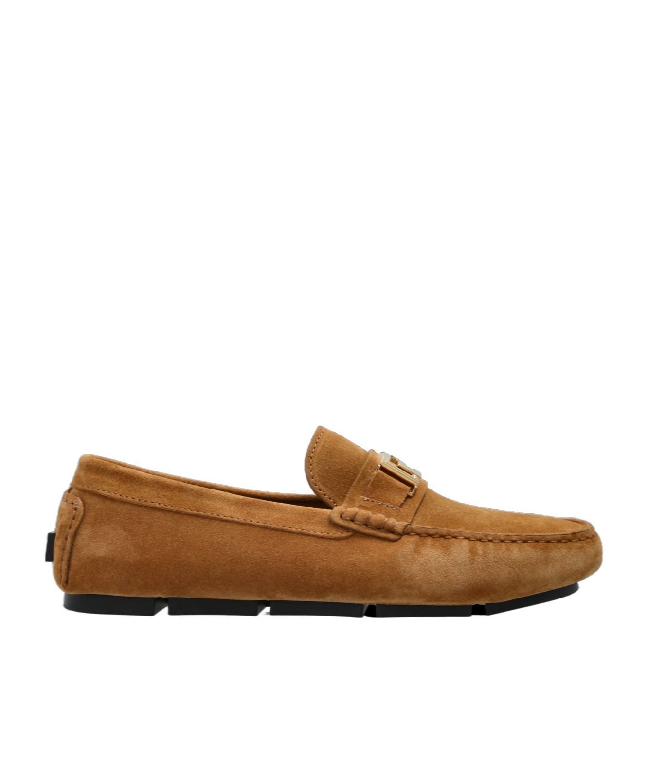 Versace Greca Plaque Suede Loafers In Brown