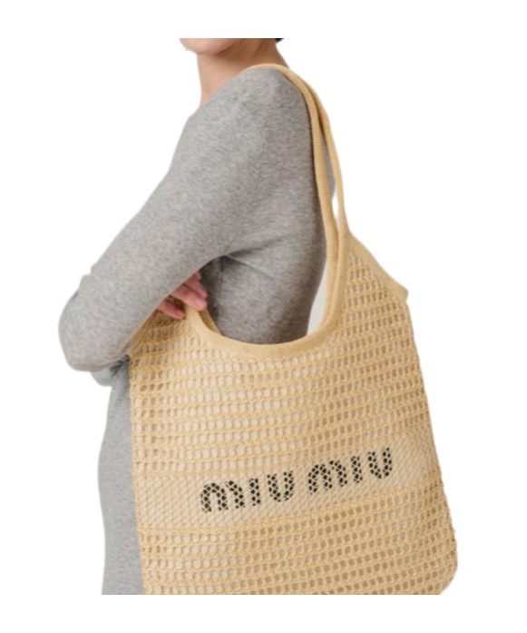 MIU MIU IVY RAFFIA-EFFECT AND LINEN BAG