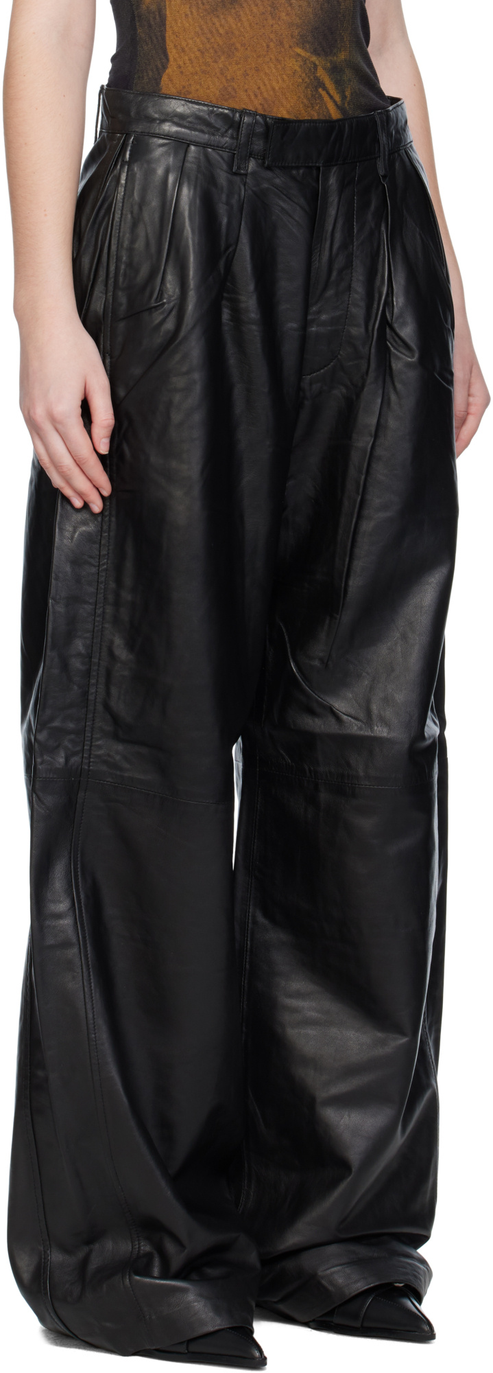 R13 Pleated Wide Leg Leather Trousers In Black