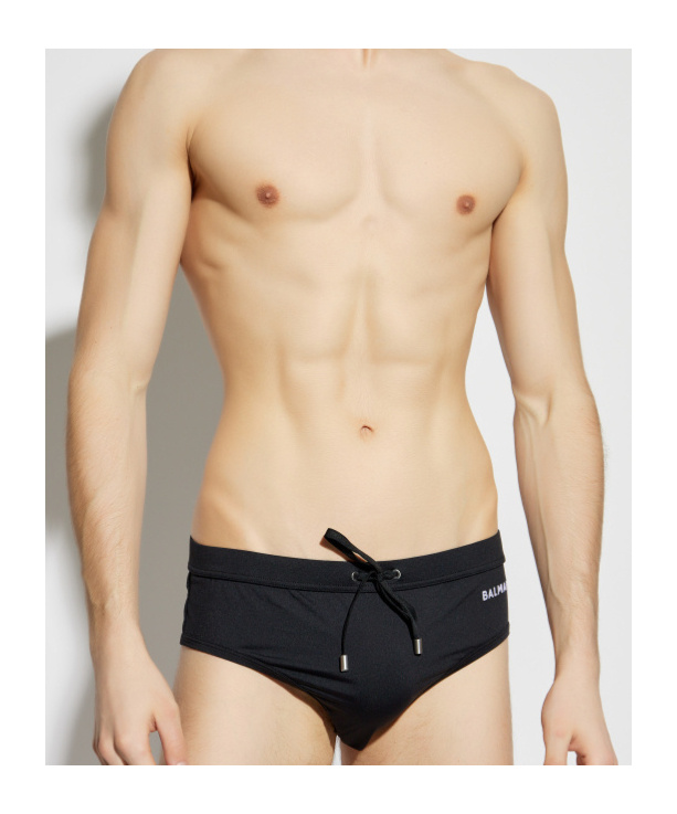 Shop Balmain Logo-embroidered Swim Briefs In Black