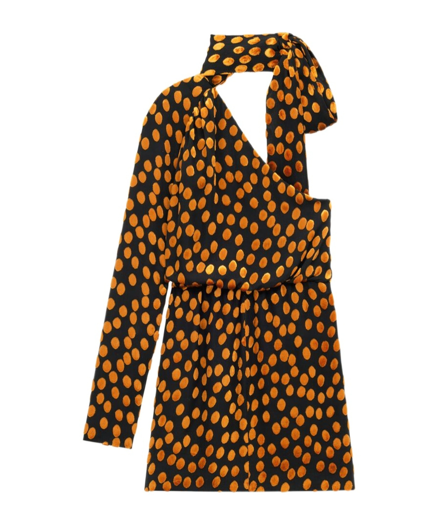 Saint Laurent One-shoulder Dress In Velvet Dotted Silk Muslin In Multi