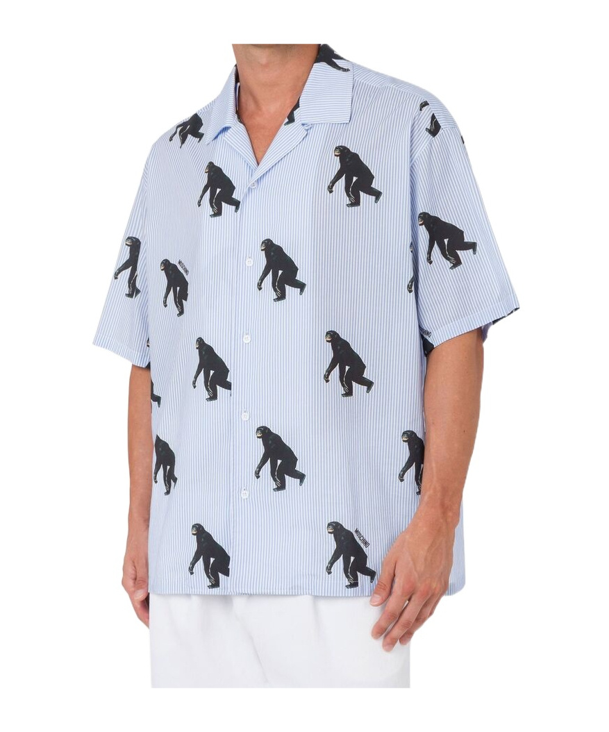 Moschino Poplin Shirt Allover Chimpanzee In Blue