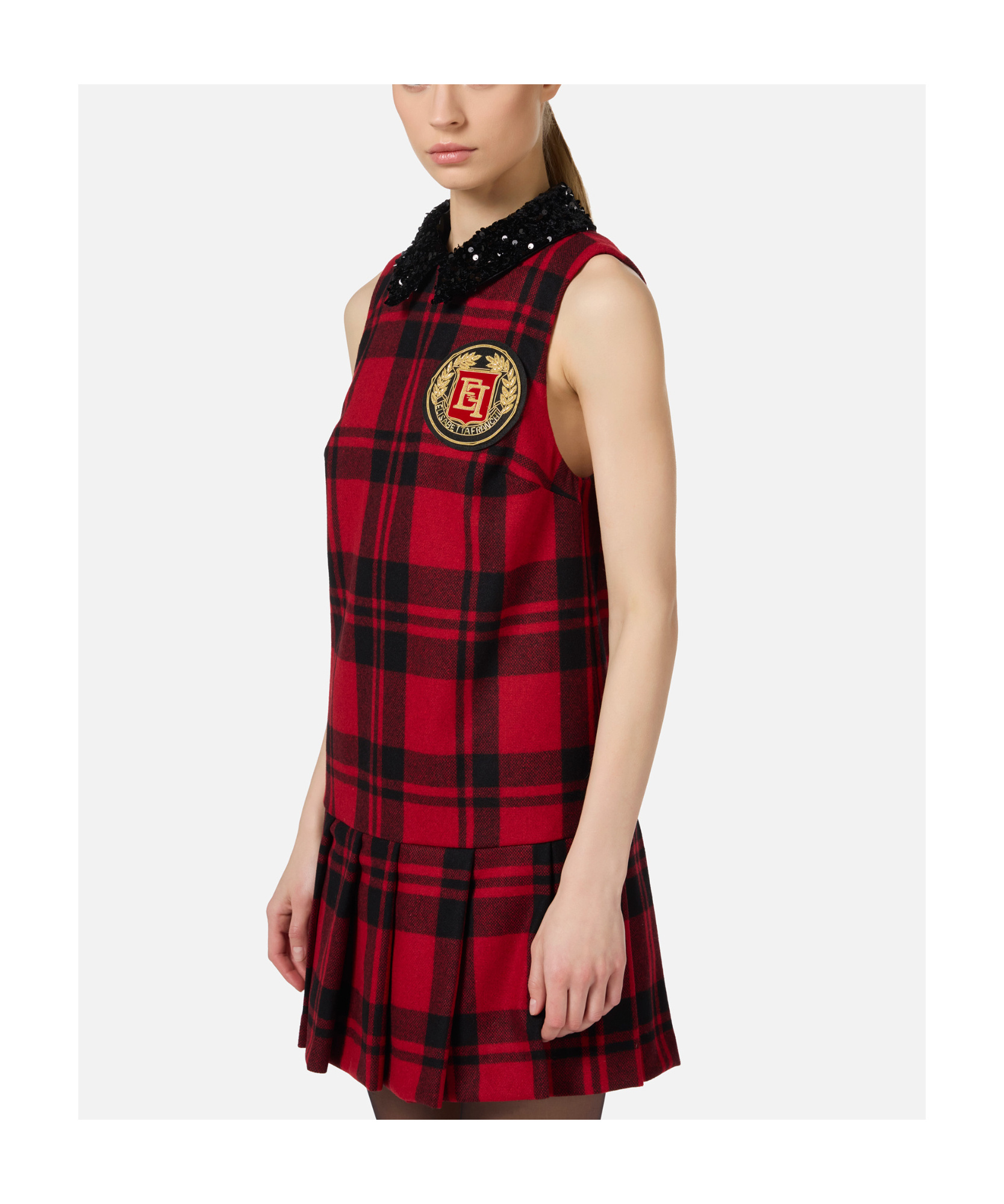 Elisabetta Franchi Red Wool Tartan Embroidered Patch Dress In Red