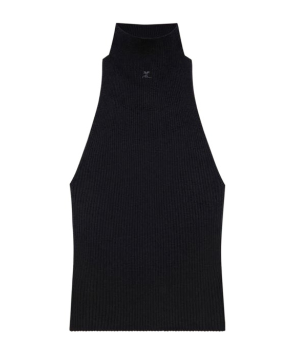 Courrèges High Neck Ribbed Sleeveless Top In Black