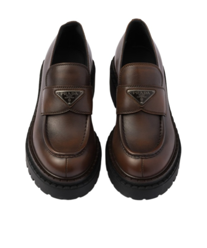 Prada Chocolate Cognac Brushed Leather Moccasin Women In Brown
