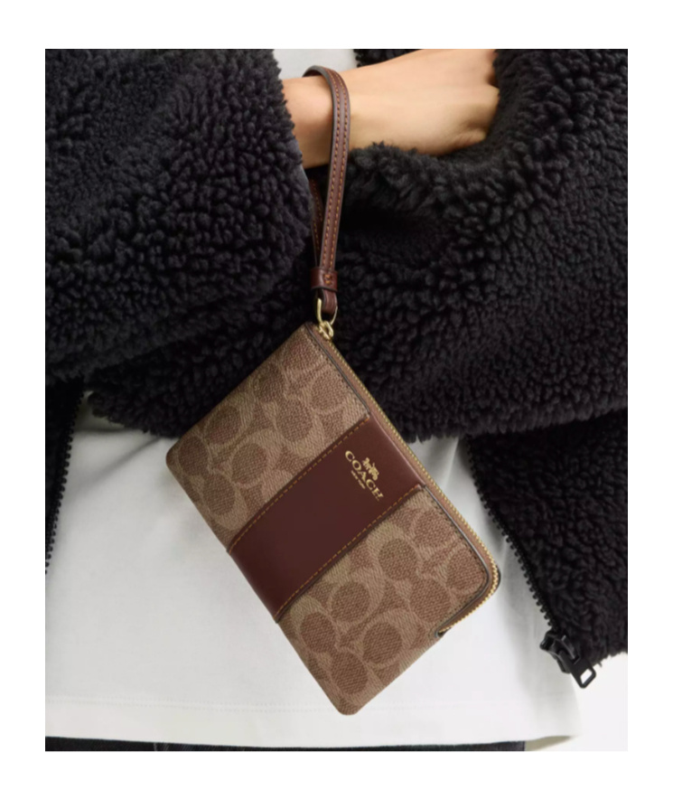 Coach Corner Zip Wristlet In Signature Canvas With Stripe
