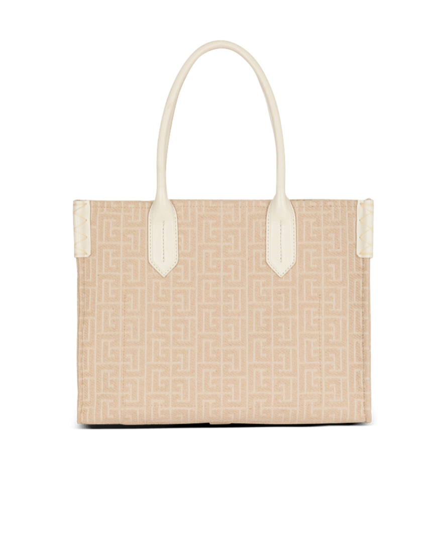 Balmain B-army 36 Monogrammed Canvas Jacquard And Leather Tote Bag In Sand