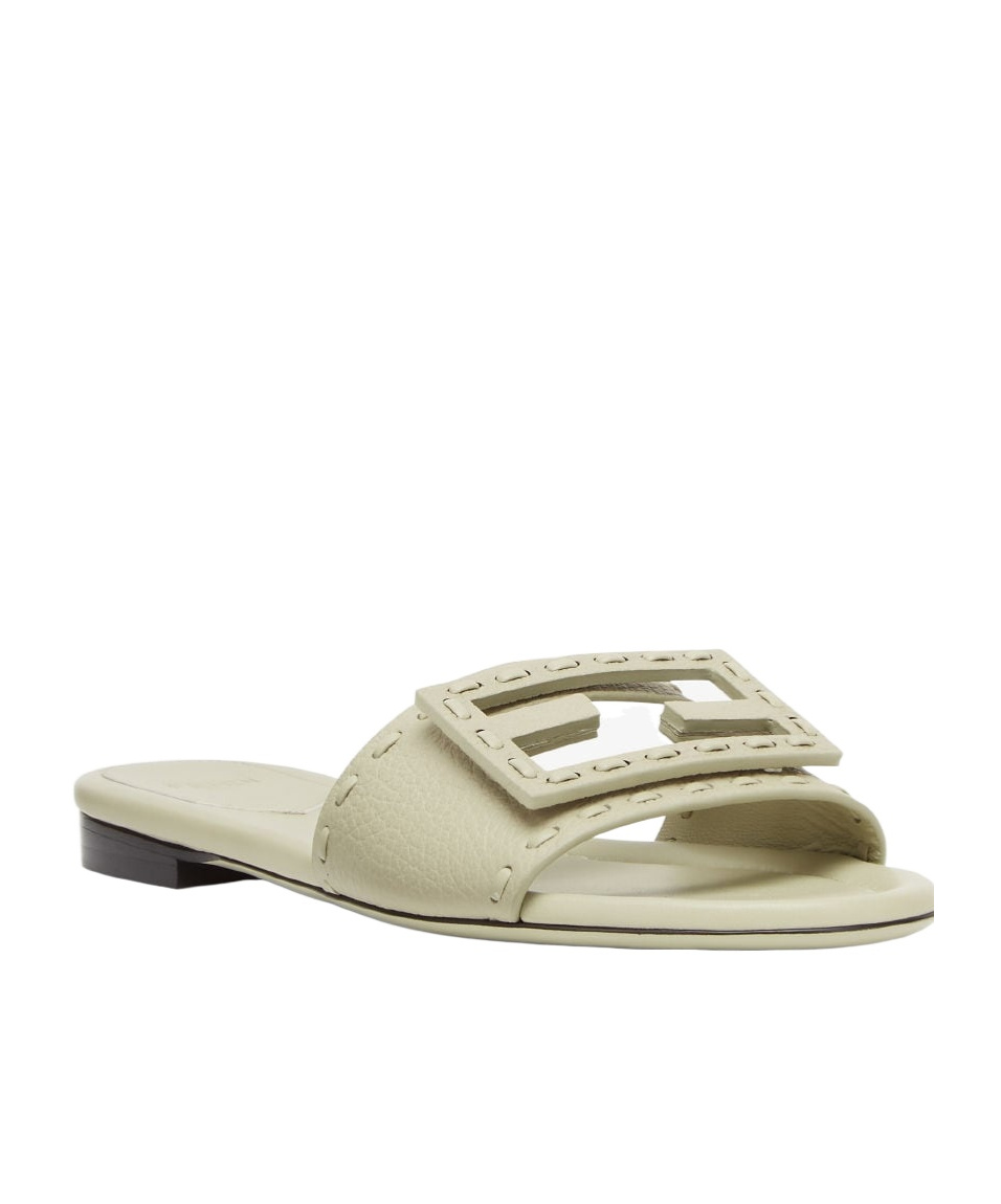 Fendi Ff Leather Buckle Flat Slide Sandals In Green