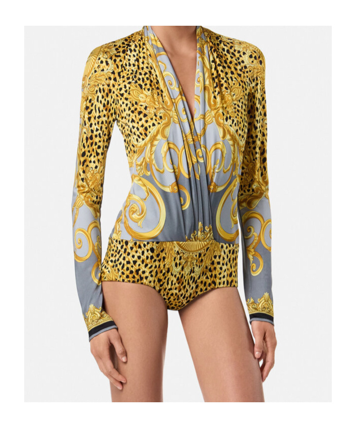 Versace Leopard-printed Draped Bodysuit In Multi