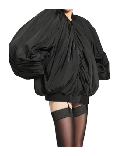 Balenciaga Black Bomber Draped Jacket With Elastic Rear Hem In Tech Fabric Woman In Black