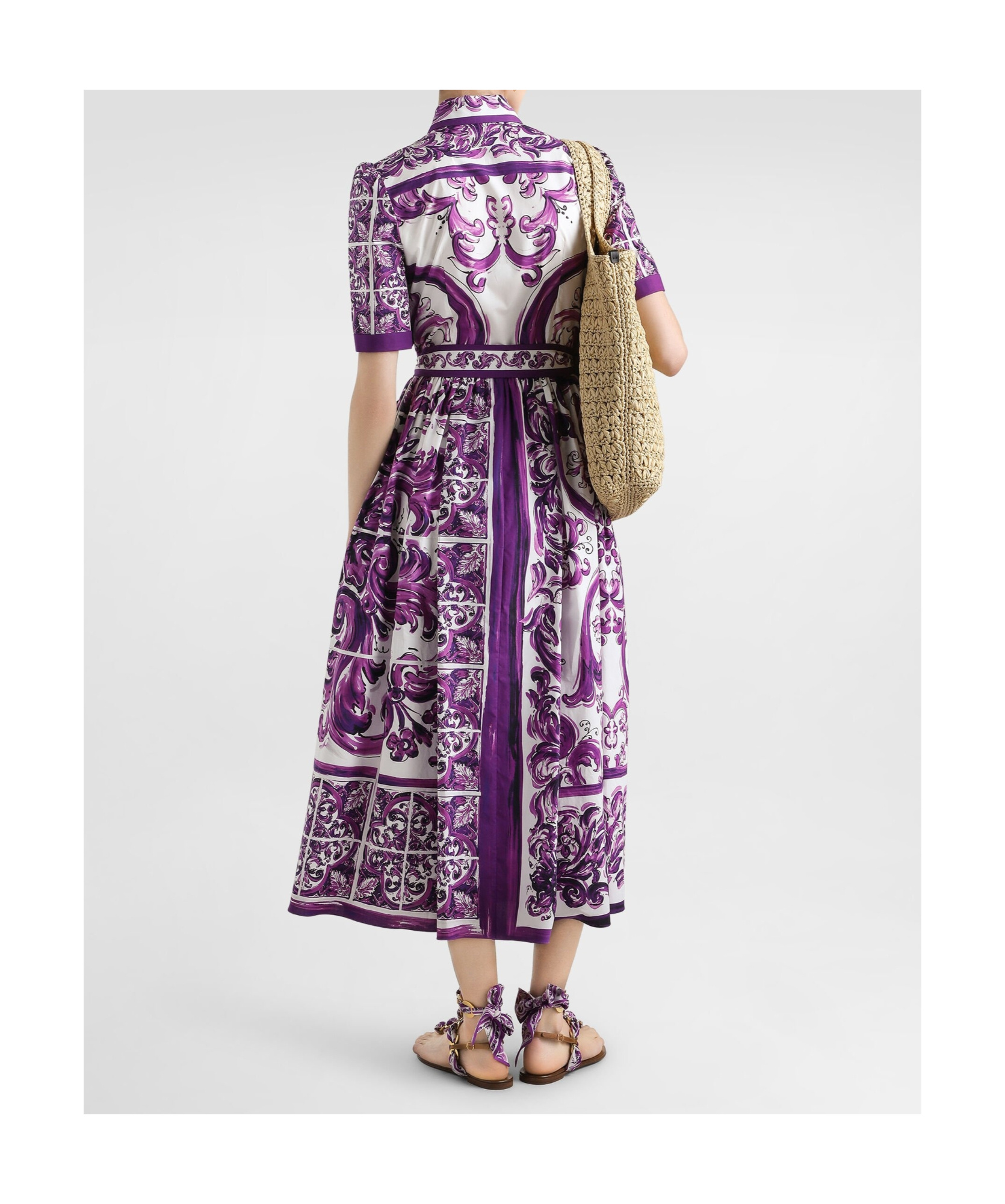 Dolce & Gabbana Collar Dress With Waist Knot And Majolica Print In Purple